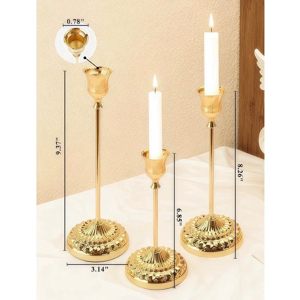Gold Taper Candle Holder Set of 3 with Snuffer Vintage Style Ornate Base